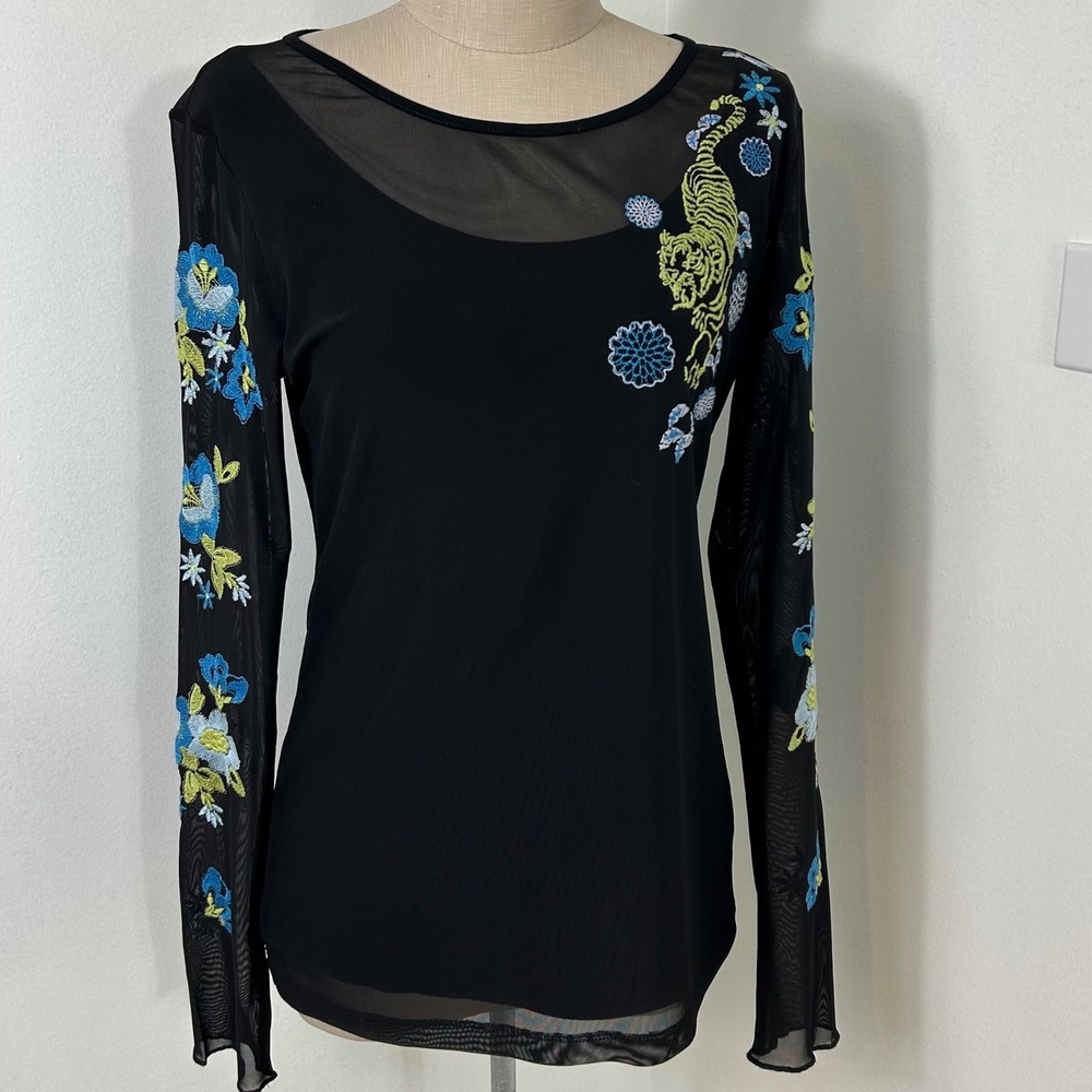 Laurel Mesh Top Tiger Floral Embroidered Long Sleeve Blouse‎ Black Size 6